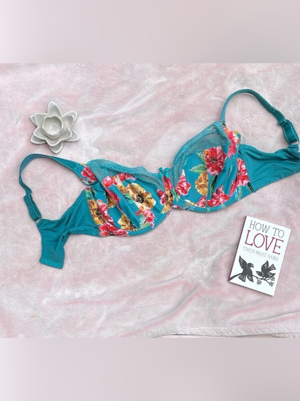 Sculptresse Floral Teal Underwire Bra with Lace Trim 36GG